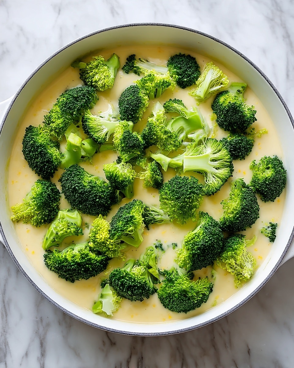 A white pan filled with a creamy light yellow sauce as the base layer. On top, there are many small pieces of bright green broccoli spread evenly across the surface. The broccoli pieces have a fresh, textured look with stems and florets visible. The scene is set on a white marbled surface. photo taken with an iphone --ar 4:5 --v 7