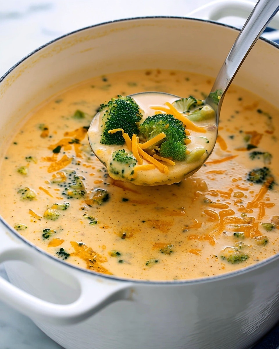 A thick, creamy soup with a light orange color fills a large white pot. Inside the soup, small green broccoli florets are scattered through the surface, along with bits of shredded bright yellow cheddar cheese on top. A silver ladle lifts a scoop of the soup, showing its smooth texture mixed with broccoli pieces and cheese threads. The soup looks warm and cheesy against a white marbled surface in the background. photo taken with an iphone --ar 4:5 --v 7
