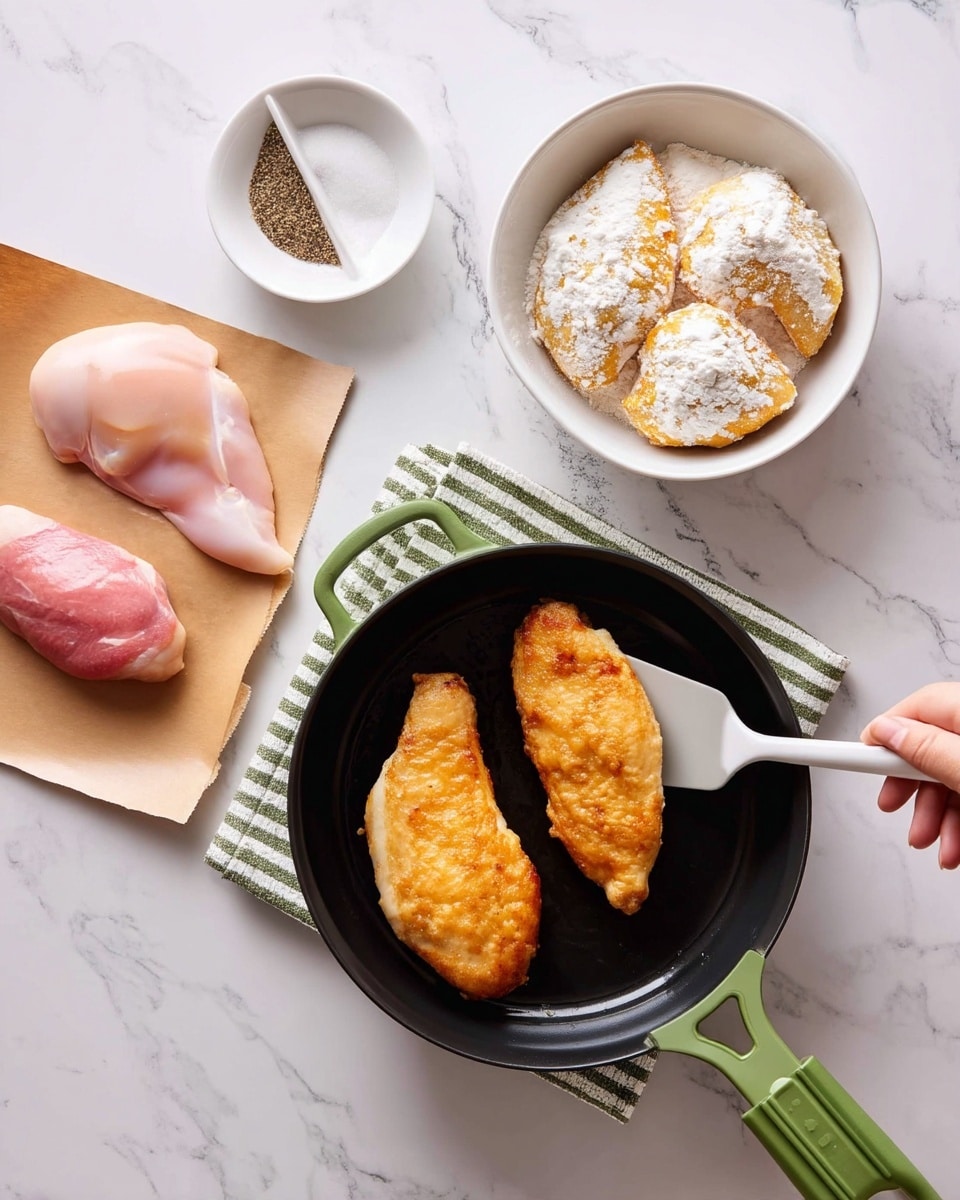 The image shows a cooking scene on a white marbled surface with four main areas. On the top left, there are two raw chicken pieces, one on a piece of brown paper and a small white bowl with salt and pepper. Below that, a white bowl contains a chicken piece partly coated in white flour with visible seasoning on top. On the right side, a black frying pan with green handles sits on a green and white striped cloth, holding two cooked golden-brown chicken pieces being moved by a white spatula held by a woman's hand. The colors are soft and warm with a clear focus on the cooking process. photo taken with an iphone --ar 4:5 --v 7