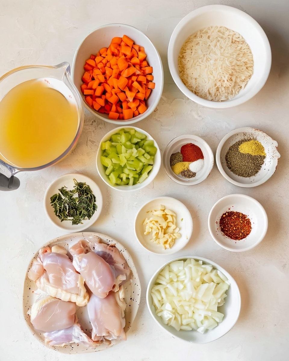 The image shows several bowls and a plate arranged on a white marbled surface, each filled with different ingredients. There is a white plate at the bottom left with five raw, light pink chicken thighs. Above it and slightly to the right is a small white bowl with light yellow chopped garlic. Next to it on the right is a white bowl full of chopped white onions. Near the top right is a bigger white bowl with uncooked white rice grains. To the left is a white bowl containing bright orange chopped carrots. Below the carrots is another small white bowl with chopped light green celery. Near the center right is a small scalloped white bowl holding several spices, including white salt, brownish-green dried herbs, yellow powder, red chili flakes, and paprika powder. At the center bottom left is a small white bowl with dark green dried herbs. On the far left is a glass measuring cup with light yellow chicken broth. All the bowls and plates are neatly arranged with clear and vibrant colors on a clean white marbled surface photo taken with an iphone --ar 4:5 --v 7