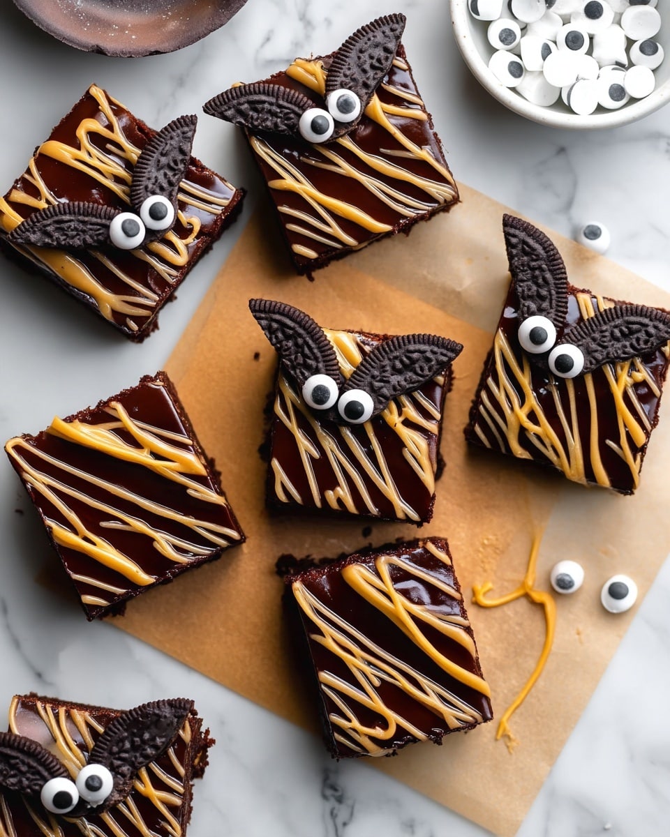 The image shows square chocolate brownies with a smooth, shiny dark chocolate layer on top. Each brownie has light brown drizzle lines flowing diagonally across the top. One brownie is decorated with two black cookie halves placed like ears and two round white candy eyes in the center. Another brownie features a black and white cookie half with the white cream side up, placed at the bottom left. The brownies sit on a light brown paper on a white marbled surface with a warm wooden texture visible on the right edge. Photo taken with an iphone --ar 4:5 --v 7