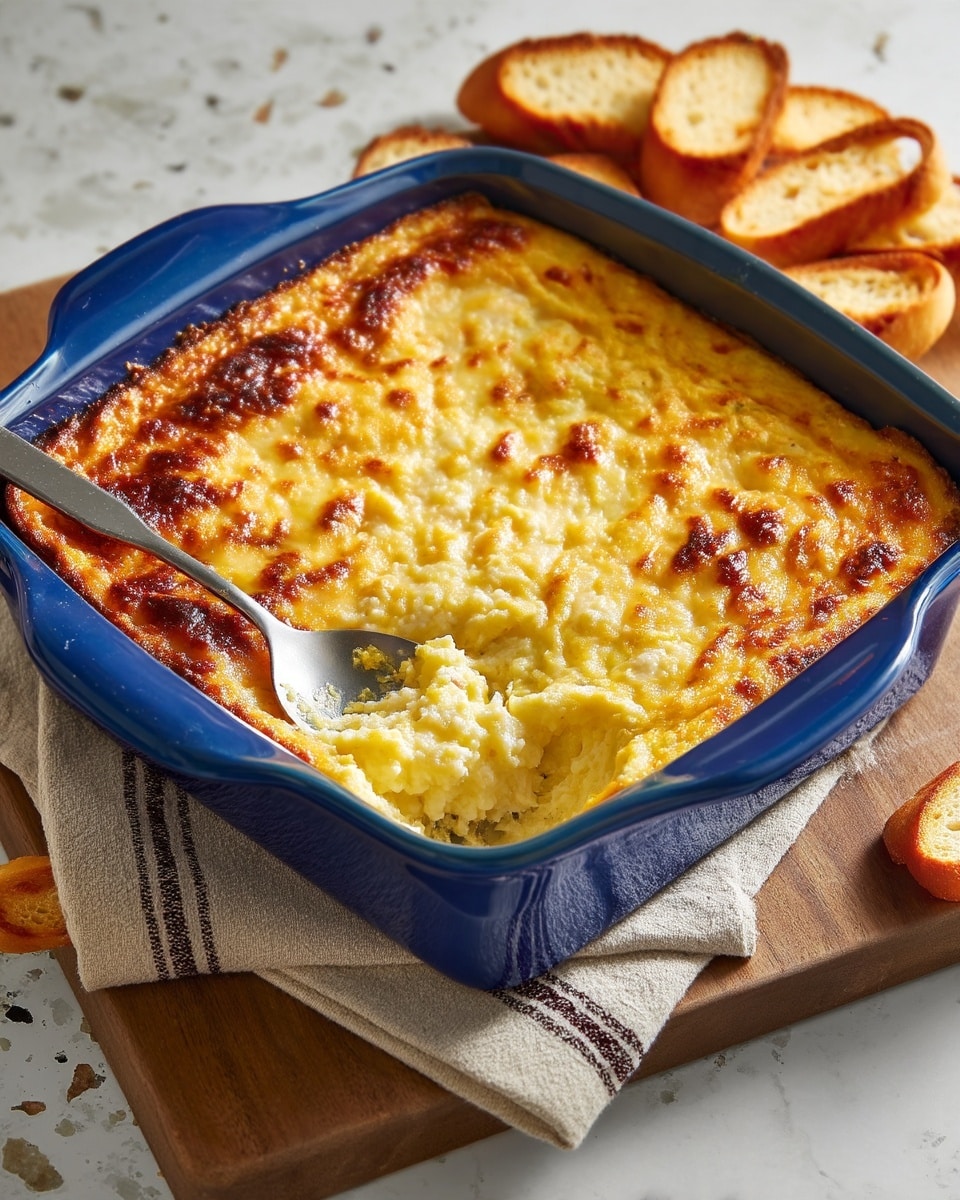 The dish is a light yellow baked casserole with a slightly browned, textured top layer, shown in a clear white baking dish. One large section is scooped out, revealing a soft, creamy inside that is pale yellow with small bits of what looks like rice or corn. The dish sits on a white marbled surface with a folded striped cloth under one side. To the right, there are slices of toasted bread that have a golden brown color and a crispy texture, next to red apple slices. A metal serving spoon with some of the casserole on it is also visible near the bread. Photo taken with an iphone --ar 4:5 --v 7
