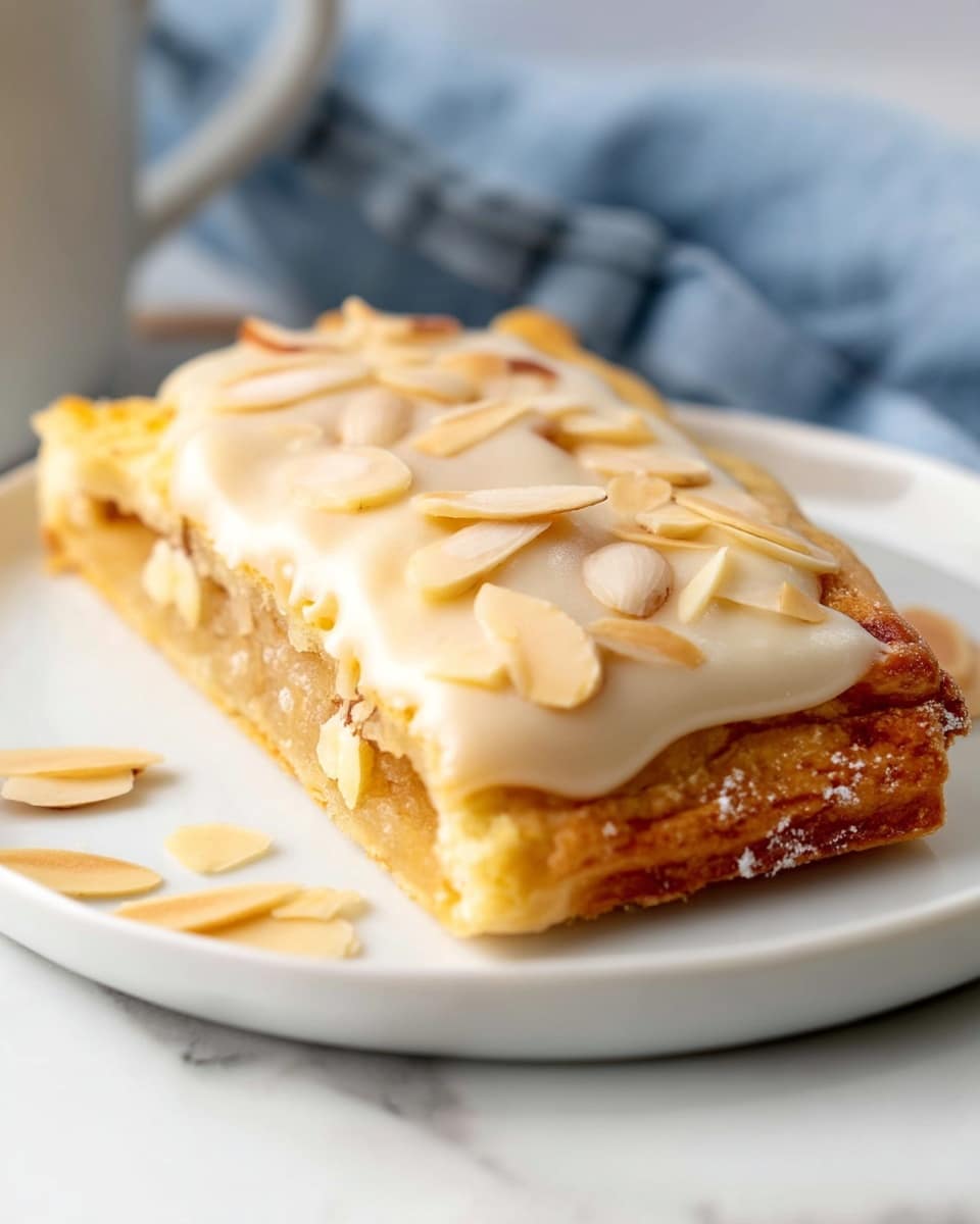 The image shows a single rectangular piece of light golden pastry with a thick, slightly crumbly beige filling inside. The top layer is covered with a smooth, creamy off-white icing, which is decorated with thin, light brown almond slices scattered across the surface and some on the white plate. The pastry rests on a clean white plate placed on a white marbled surface, with a soft blue cloth blurred in the background. The edges of the pastry are slightly flaky, and the focus is on the texture of the filling and the icing. Photo taken with an iphone --ar 4:5 --v 7