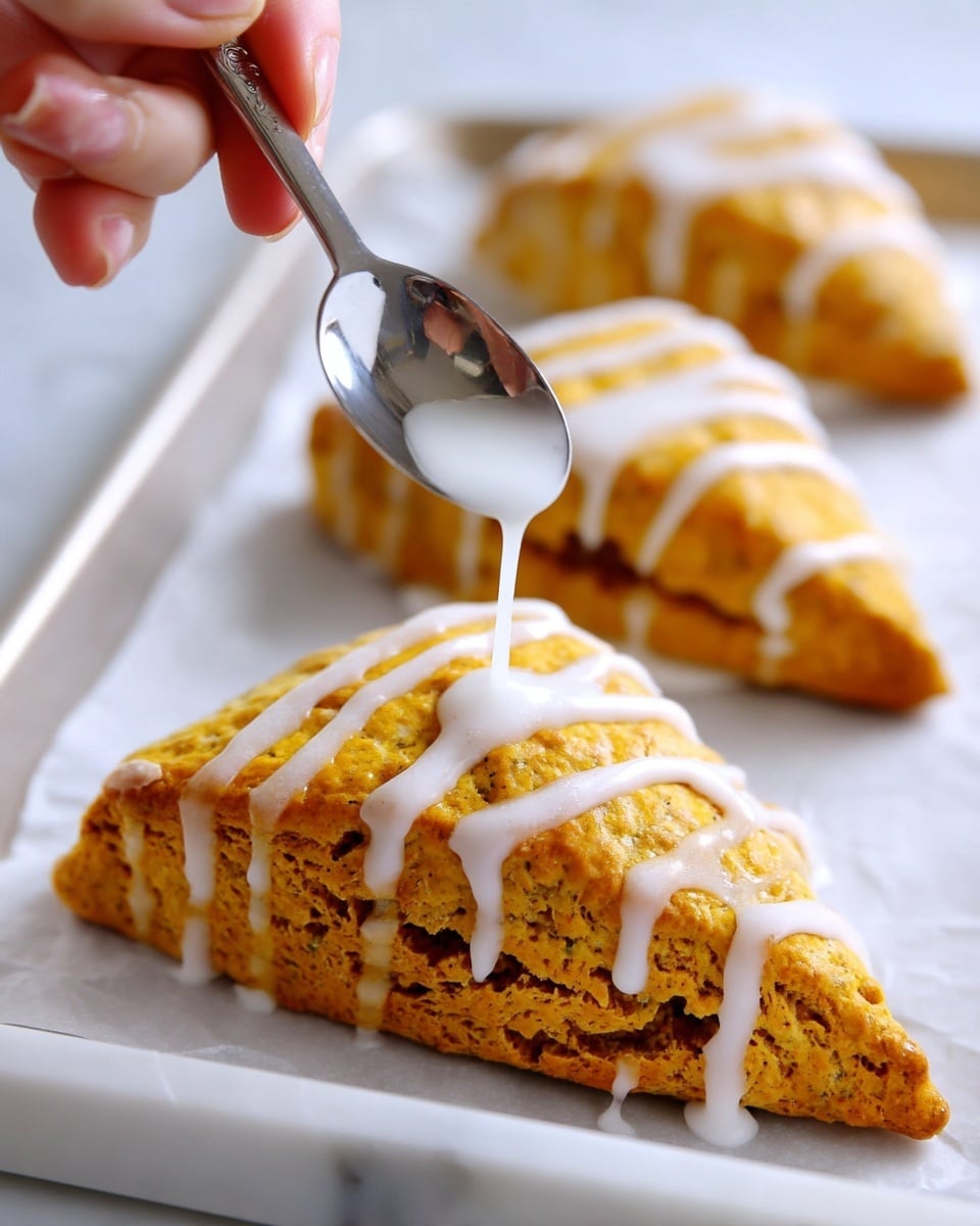 A close-up view of three triangular scones with a golden brown textured surface resting on parchment paper on a white marbled tray; a woman's hand is holding a silver spoon above the nearest scone, dripping smooth white glaze in a thin stream onto its top, creating irregular lines of glaze that contrast with the warm, rough texture of the scones photo taken with an iphone --ar 4:5 --v 7