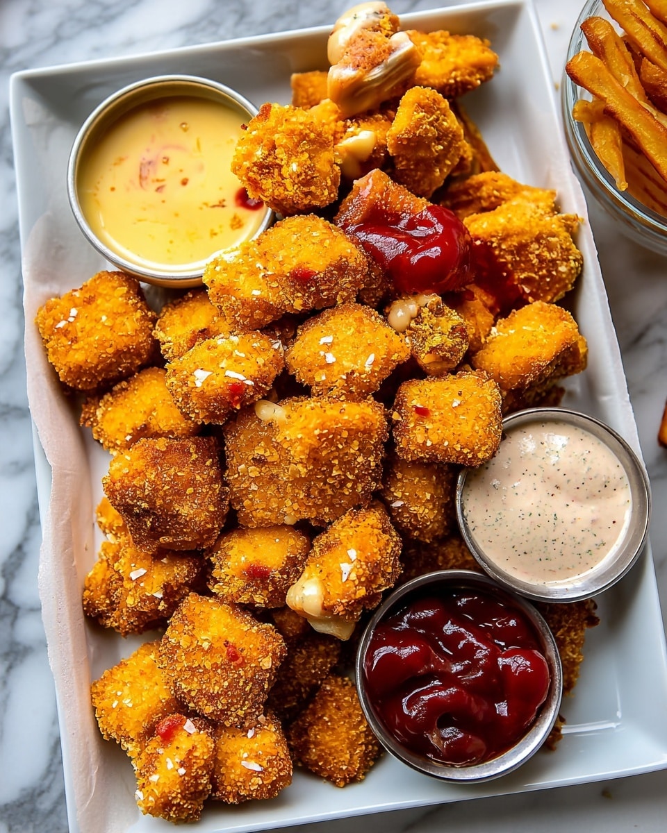 A tray full of small, golden-brown crispy nuggets spread all over a silver baking sheet with a textured pattern. Each nugget has a rough and crunchy surface made of crumb coating, showing different shapes and sizes, some round, some more oval, and some slightly triangular. The nuggets are evenly browned with a mix of lighter and darker golden shades, highlighting their crunchiness. The tray sits on a white marbled surface. photo taken with an iphone --ar 4:5 --v 7