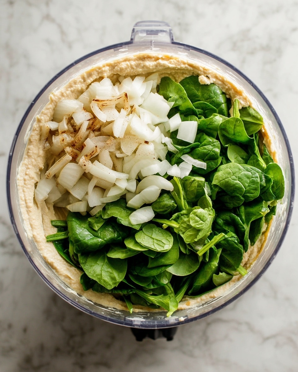 The image shows a clear round food processor bowl filled with a creamy pale beige hummus base covering the bottom half. On top of the hummus, there are two distinct piles: on the left side, chopped white onions with some brown grilled marks, and on the right side, fresh green spinach leaves. The background is a white marbled surface, and the photo is taken from above. photo taken with an iphone --ar 4:5 --v 7