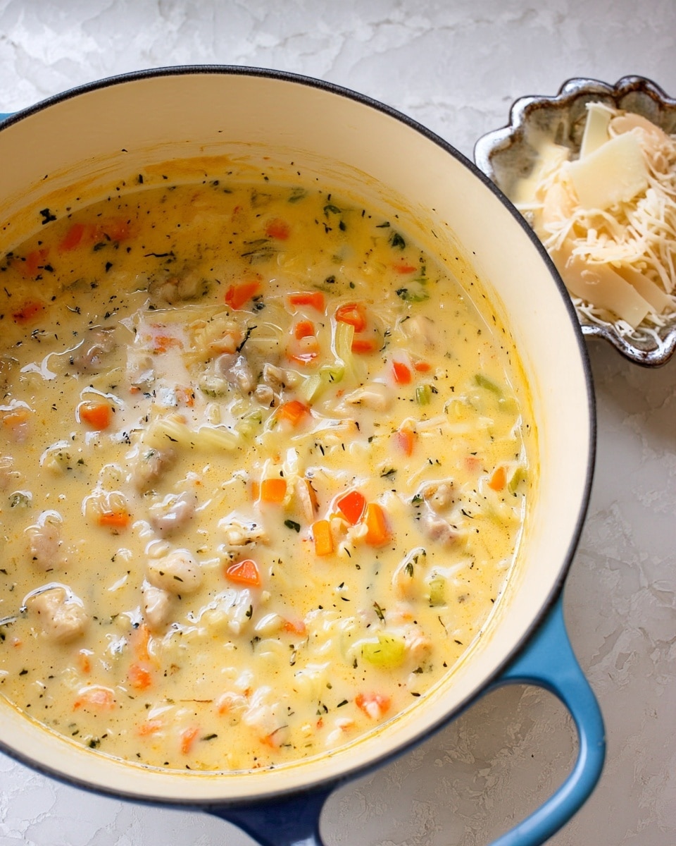 The image shows a creamy soup thick with small pieces of orange carrots, green celery, and white chicken chunks, all mixed in a yellowish-white broth speckled with herbs. The soup is inside a large white pot that has a blue handle, placed on a white marbled surface. To the right, there is a silver bowl filled with white cheese shavings. The photo taken with an iphone --ar 4:5 --v 7