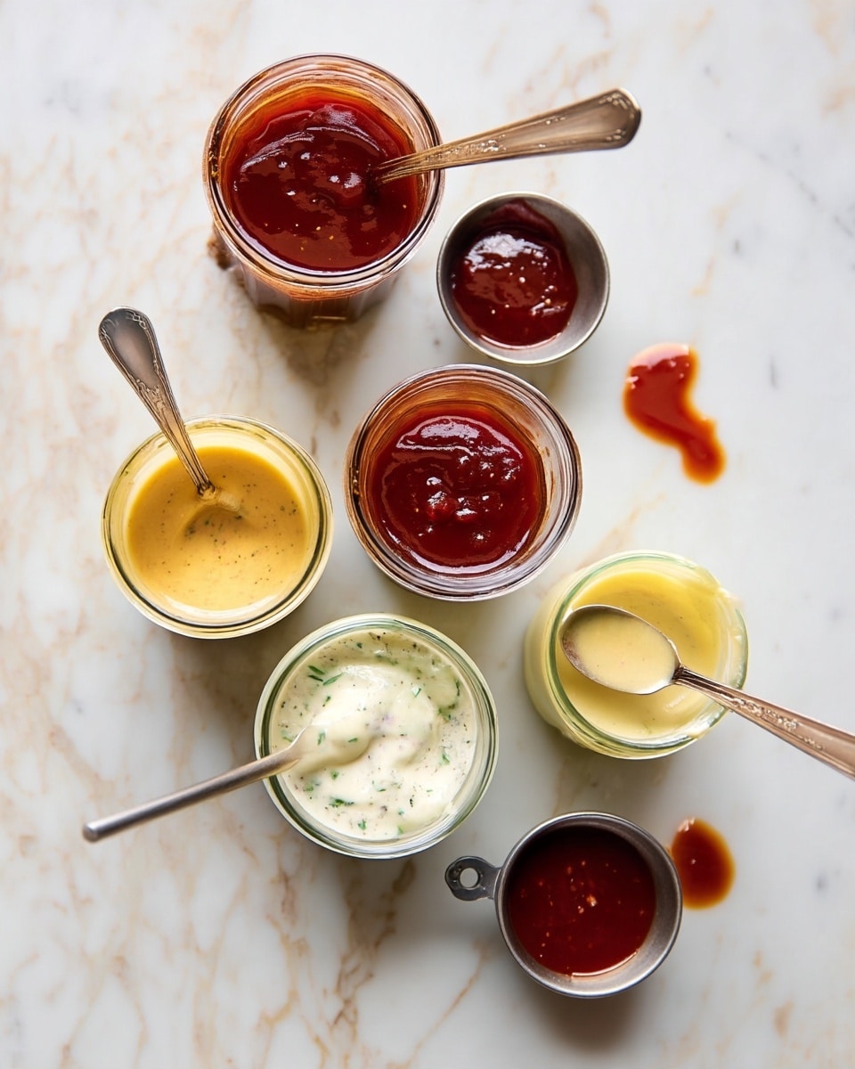 The image shows six small containers filled with different sauces placed on a white marbled surface. Starting at the top center, there is a tall glass jar with thick, rich dark red sauce inside, next to a silver spoon holding some sauce above it. Below, slightly to the left, there is a glass jar filled with a smooth, mustard-yellow sauce with a spoon resting inside. To the right, there is another glass jar filled with a creamy, pale yellow sauce, also with a spoon inside. Below these, on the left, sits a glass jar containing a speckled light brown sauce with herbs, with a spoon in it. In the center right, a small silver cup holds a deep red, thick sauce, while at the bottom center, a glass jar contains a white sauce with visible green herbs mixed in. A small cupped container on the far right edge is filled with a glossy thin red sauce. The arrangement is casual, with some spoon marks and drops of sauce visible on the surface. Photo taken with an iphone --ar 4:5 --v 7