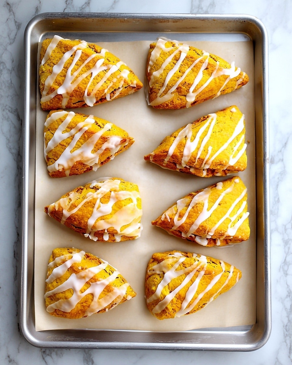 The image shows a metal baking tray lined with parchment paper holding eight golden-yellow triangular scones. Each scone has a rough, crumbly texture with a slightly cracked surface. White icing is drizzled unevenly across the top of each scone, creating thin, irregular lines that contrast with the warm color of the baked scones. The tray sits on a white marbled surface, and the scones are spaced out evenly in rows. photo taken with an iphone --ar 4:5 --v 7