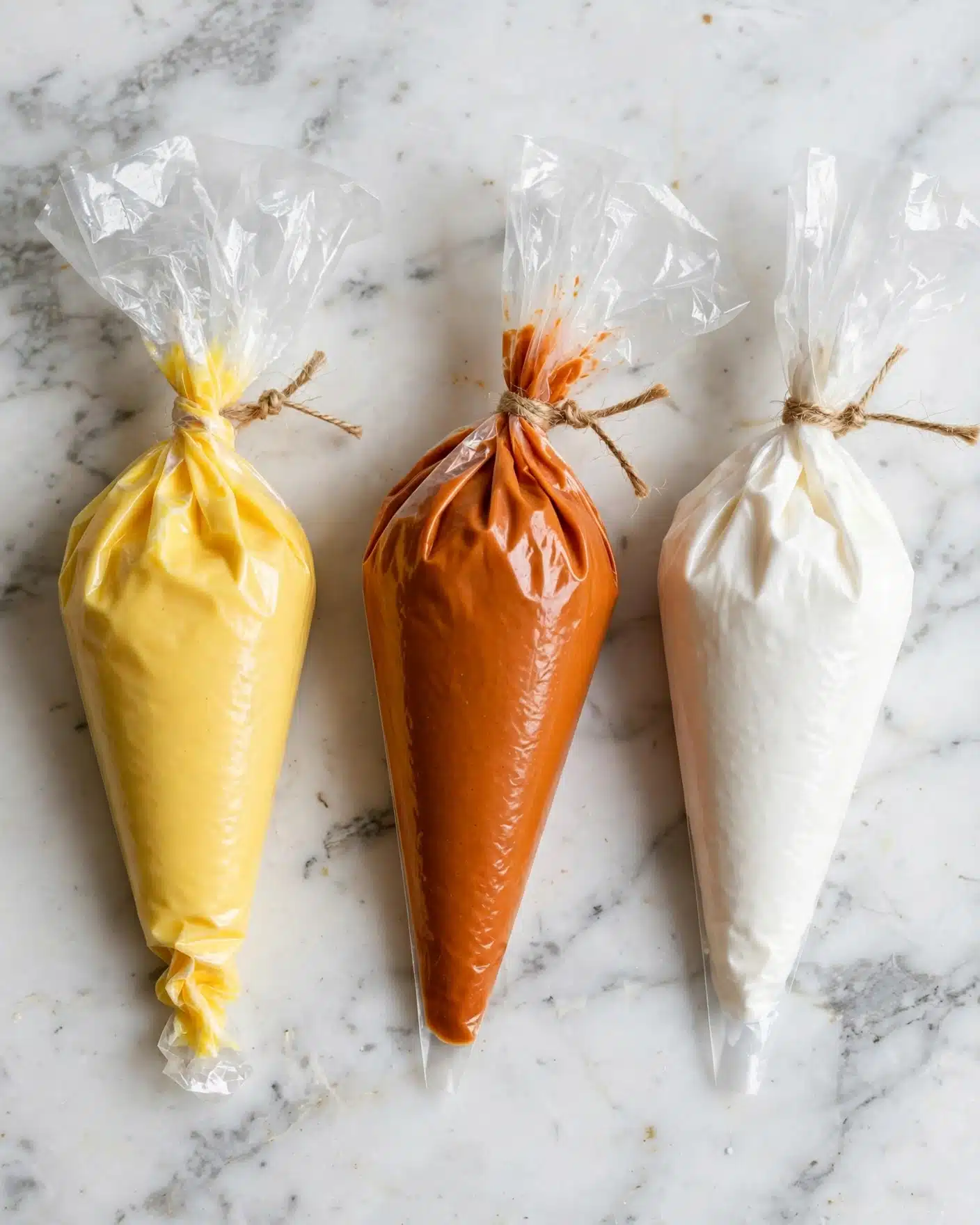 Three piping bags filled with different colored creams lie side by side on a white marbled surface. The left bag holds a bright yellow cream, the middle bag contains a deep orange cream, and the right bag is filled with a white cream. Each bag is tightly tied at the top with a string, and their clear plastic material shows the smooth textures inside. The tips of the bags are slightly crinkled, and the overall scene is clean and simple. photo taken with an iphone --ar 4:5 --v 7