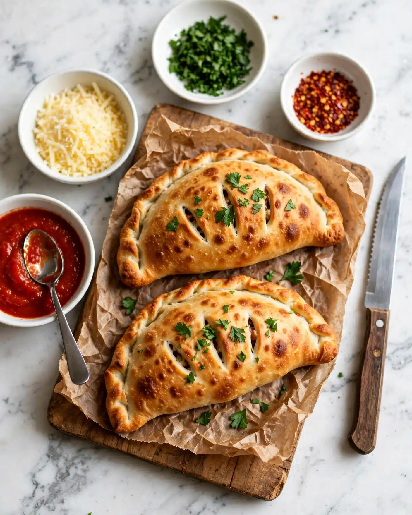 Two golden brown calzones with small browned spots and fresh green parsley sprinkled on top sit on crumpled brown parchment paper over a wooden board. The calzones have small slits on top and look crispy and soft at the same time. Around them are four small white bowls: one with bright red tomato sauce and a spoon, one with grated pale yellow cheese, one with finely chopped green herbs, and a smaller one with red chili flakes. A serrated knife with a dark wooden handle rests to the right of the board, all set against a white marbled surface photo taken with an iphone --ar 4:5 --v 7