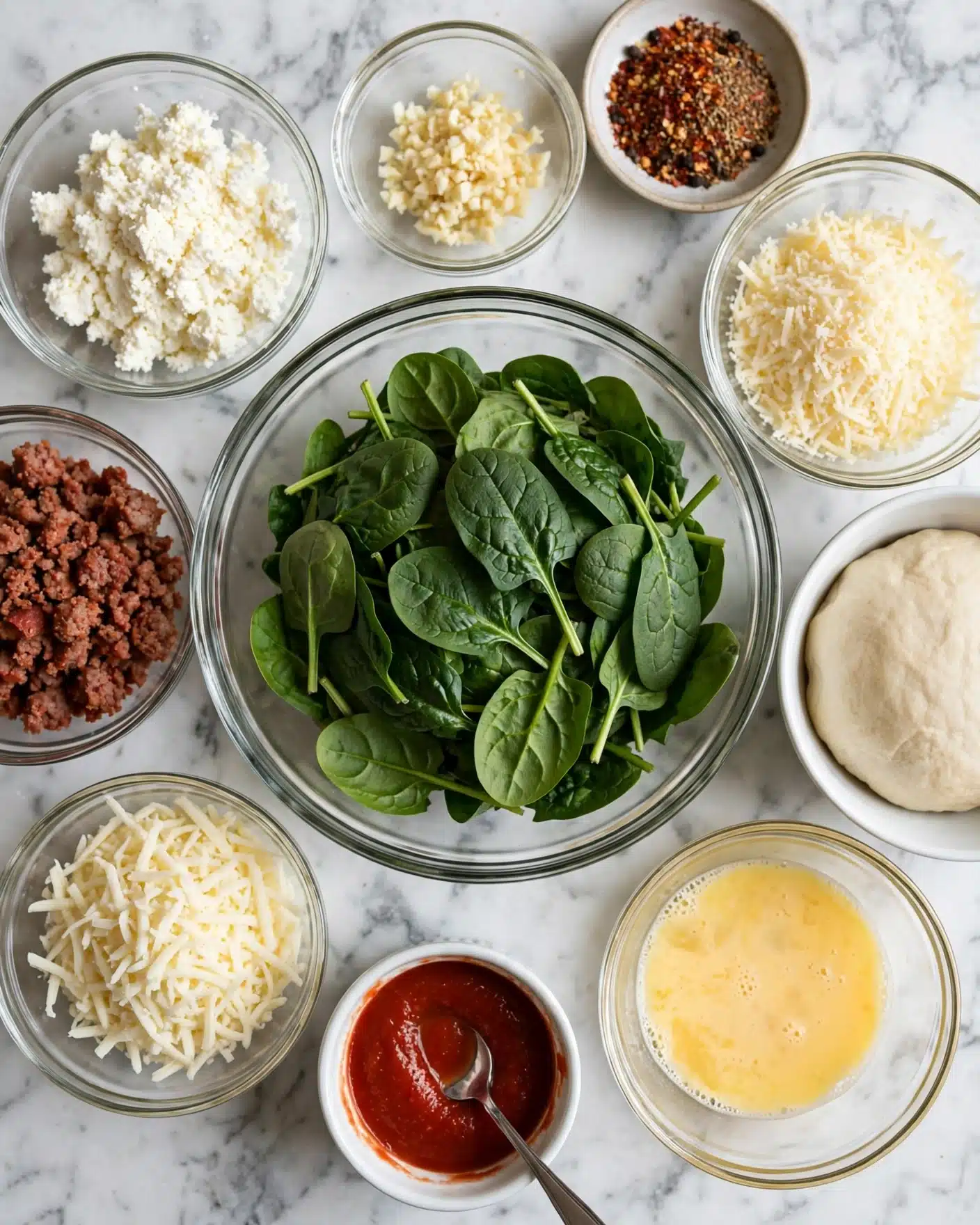 The image shows a top view of several clear glass bowls and one white bowl on a white marbled surface, each holding different ingredients for a recipe. The white bowl on the right contains smooth, pale dough. Around it, starting from top left moving clockwise, there is a glass bowl with white crumbly ricotta cheese, a small glass bowl of chopped garlic, a small bowl with mixed dry spices in red, brown, and black colors, a glass bowl with grated light-yellow cheese, a glass bowl with pale yellow beaten egg, a small white container with red tomato sauce and a silver spoon, a glass bowl with shredded white cheese, and finally a glass bowl with crumbled reddish sausage meat. In the center, there is a large glass bowl filled with fresh, dark green spinach leaves. Photo taken with an iphone --ar 4:5 --v 7