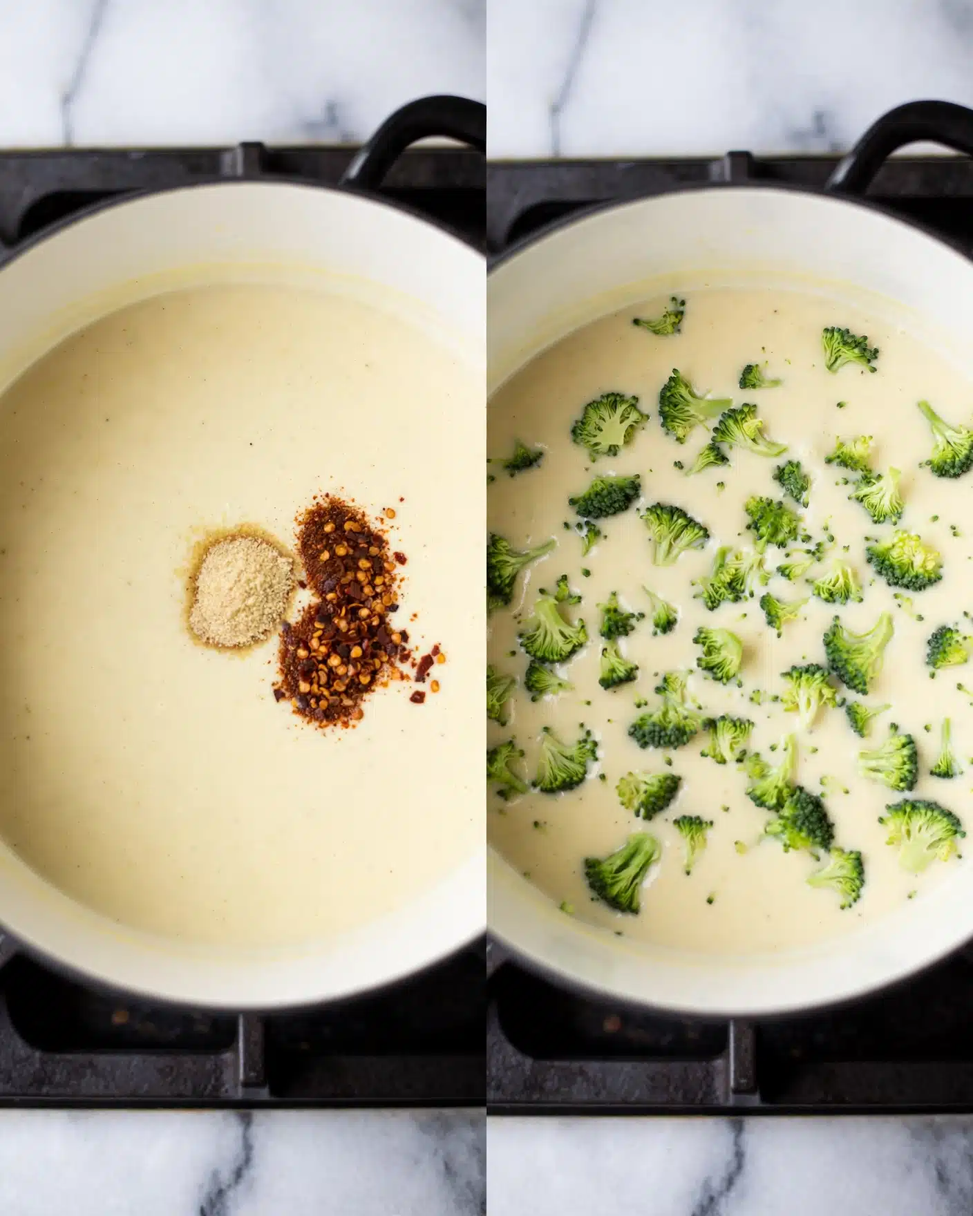 The left image shows a white pot with a smooth, thick cream-colored liquid base. On top of the liquid, there are two small piles of brown spices, one darker and reddish, the other lighter and beige, sitting near the center right. The right image features the same white pot filled with the same cream-colored liquid but now scattered with many small green broccoli florets spread unevenly over the surface, adding bright green color and texture contrast to the smooth creamy base. The pot rests on a stovetop with a black burner frame, and the background is a white marbled surface. Photo taken with an iphone --ar 4:5 --v 7