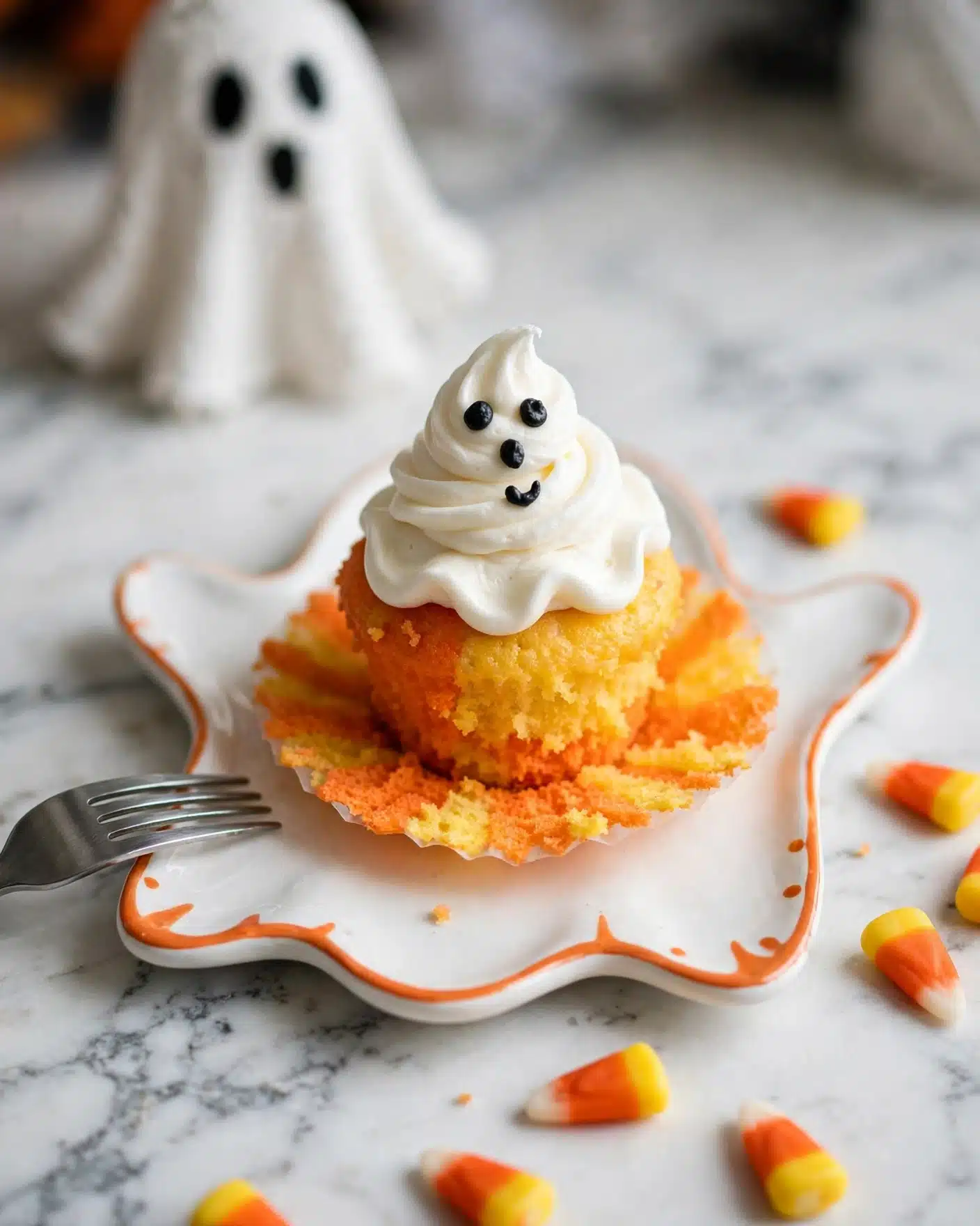 A cupcake with a base layer of yellow and orange sponge sits on a white plate shaped like a ghost with orange accents; on top of the cupcake is a swirl of white frosting made to look like a small ghost with three black eyes and a mouth. The background shows scattered candy corn pieces in yellow, orange, and white, a fork beside the cupcake, and a blurred ghost-shaped decoration in white with black eyes. The surface is a white marbled texture. photo taken with an iphone --ar 4:5 --v 7