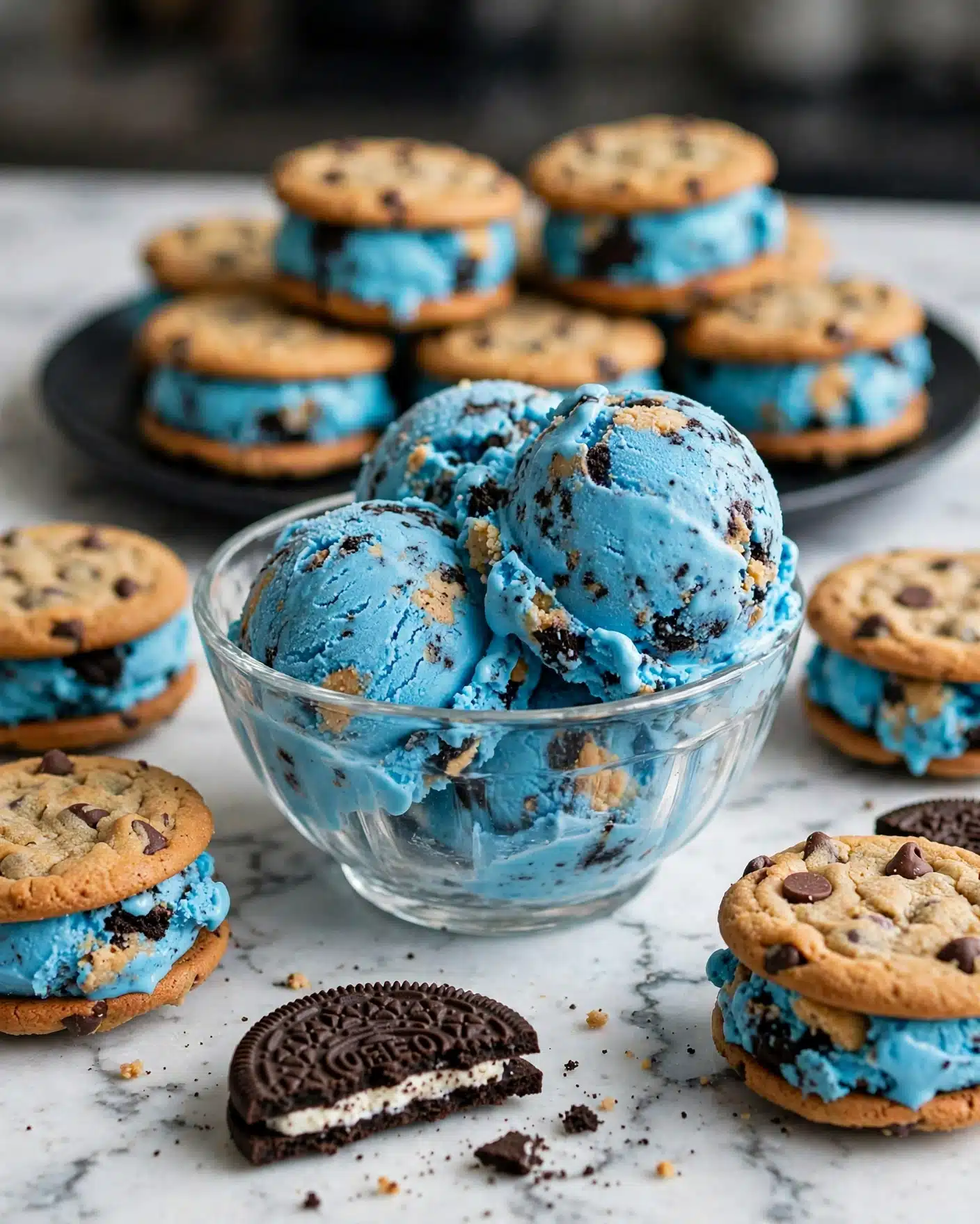 The image shows several ice cream sandwich treats made of two light brown chocolate chip cookies with visible dark chocolate spots on the top and bottom. In the middle, there is a thick layer of bright blue ice cream with a small piece of a dark chocolate cookie embedded in it. The main sandwich is placed on a small white plate in the front, with more sandwiches stacked on a black plate in the background, which sits on a white marbled surface with a polka dot cloth underneath. A broken dark chocolate cookie lies nearby on the wooden surface. Photo taken with an iphone --ar 4:5 --v 7