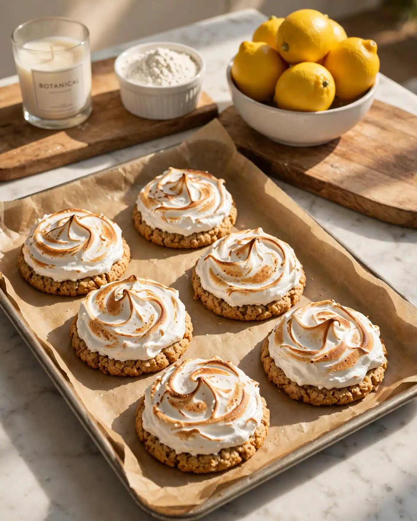 The image shows six round cookies on a baking tray lined with light brown parchment paper. Each cookie has a golden-brown rough-textured base and a thick layer of white, fluffy whipped topping that is artistically swirled and lightly toasted with streaks of caramel brown on top. In the background, there is a wooden board with a white bowl filled with bright yellow lemons and a white ramekin filled with white flour. To the left, a glass candle labeled 