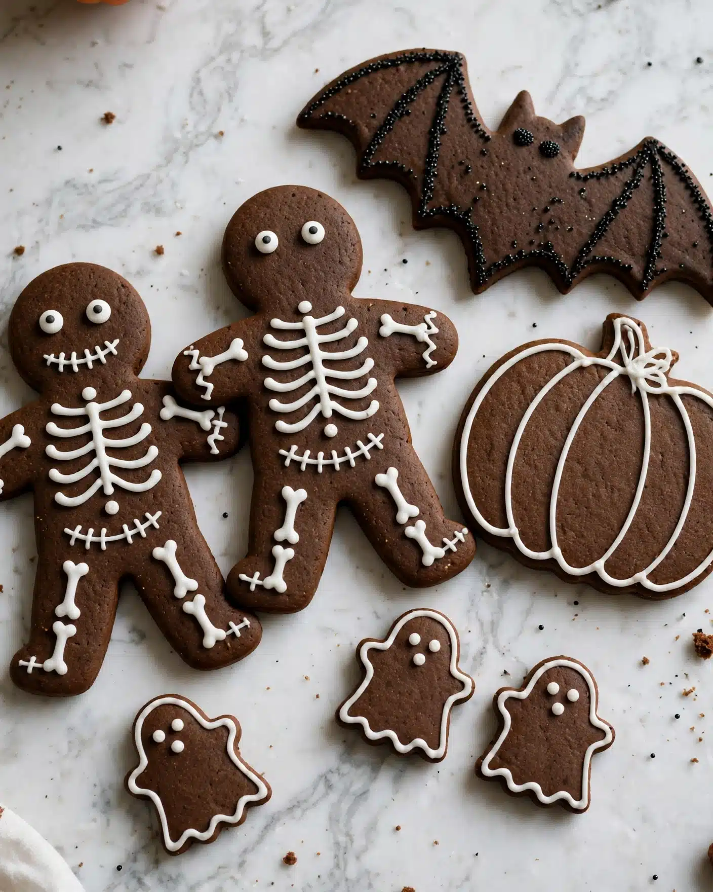 The image shows many black Halloween cookies on a white marbled surface. There are different shapes including pumpkins, ghosts, cats, bats, and skeleton people. Each cookie has white icing details; pumpkins have lines and stems, ghosts have eyes and outlines, cats have faces and body lines, bats have wing outlines, and skeleton people have bones drawn on them. Some cookies have black sugar sprinkles around the edges, making them look shiny and textured. The cookies are spread out evenly without overlapping. Photo taken with an iphone --ar 4:5 --v 7