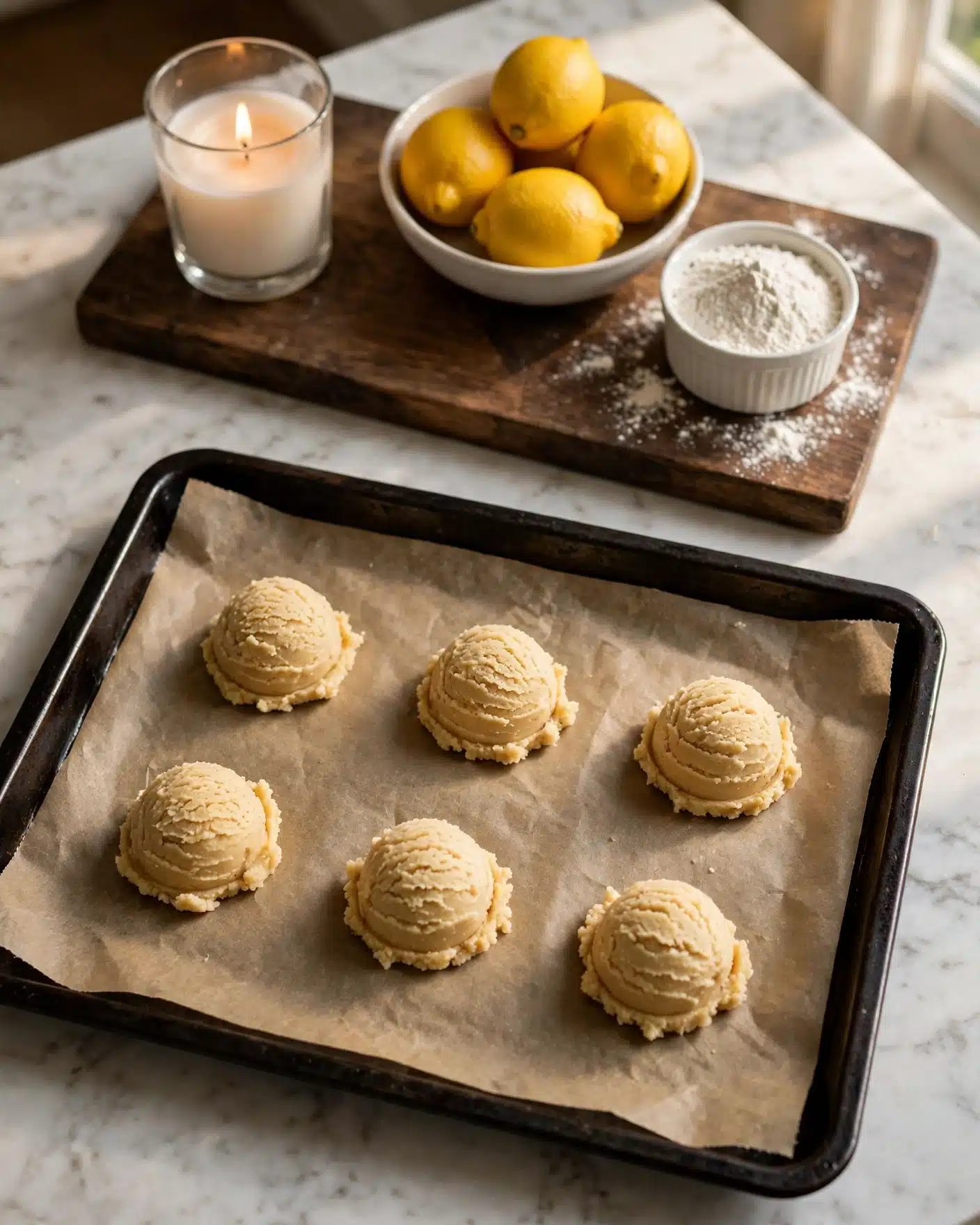 The image shows six round scoops of pale beige cookie dough arranged spaced apart on a sheet of light brown parchment paper inside a dark baking tray. In the background, there is a white bowl filled with four bright yellow lemons sitting on a dark wooden board. Next to it, a white ramekin is filled with a white powdery ingredient, likely flour, and some powder is scattered outside the ramekin on the board. To the left, there is a lit white candle in a transparent glass holder on the wooden board. The whole scene is set against a white marbled surface with warm natural light casting soft shadows. Photo taken with an iphone --ar 4:5 --v 7