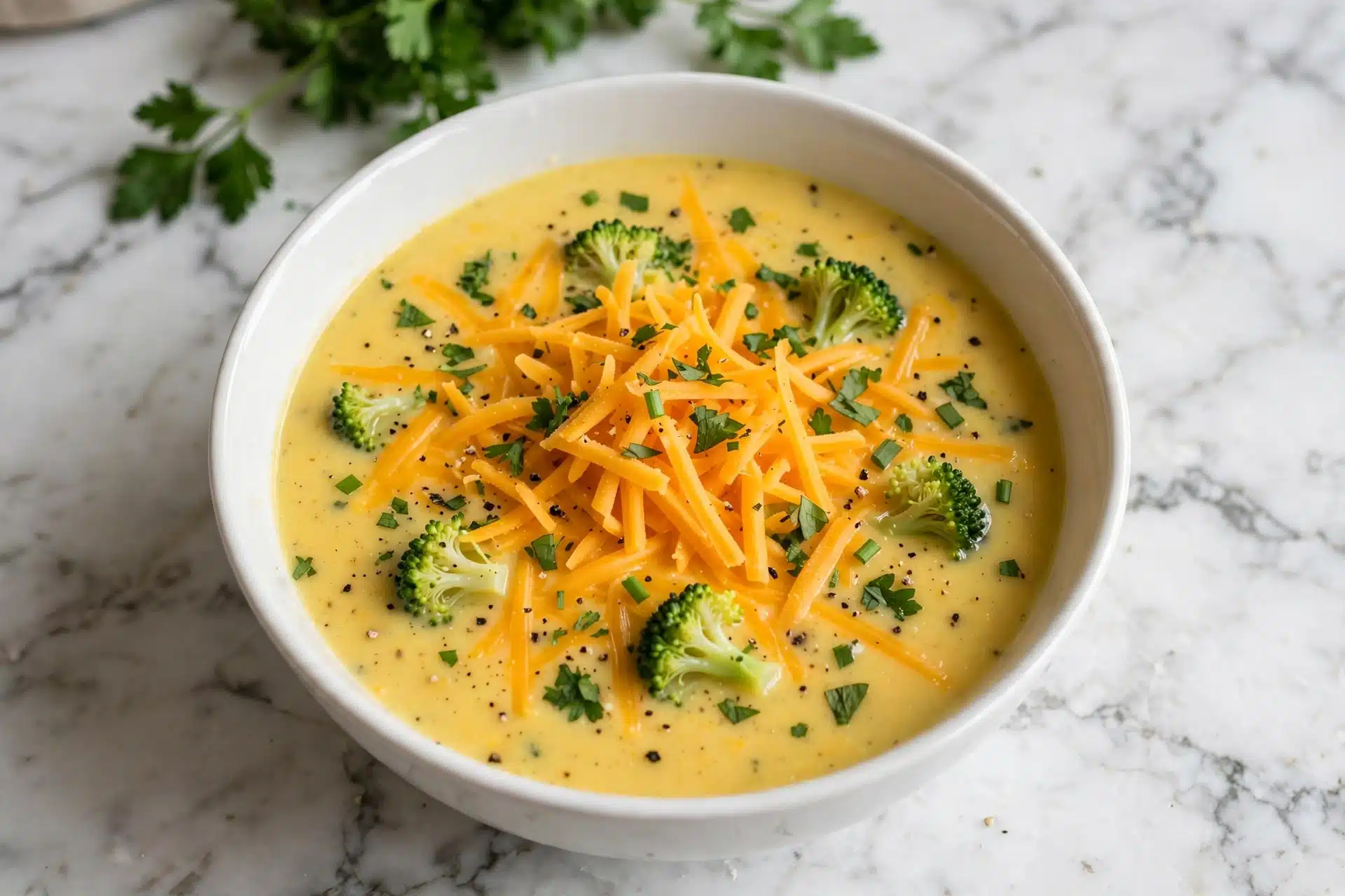 A white bowl filled with creamy yellow soup topped with bright orange shredded cheese, small pieces of green broccoli, and chopped fresh green herbs scattered on top, with specks of black pepper sprinkled over everything, all placed on a white marbled surface with some green parsley visible in the background, photo taken with an iphone --ar 4:5 --v 7