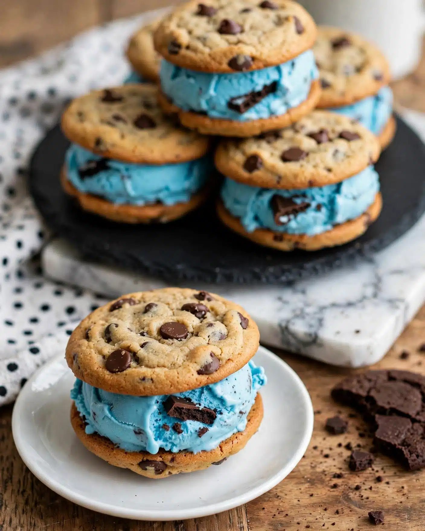A clear glass dessert bowl holds three scoops of bright blue ice cream mixed with dark cookie chunks and bits of light brown cookie pieces, showing texture and color contrast. The bowl is placed on a white marbled surface scattered with cookie sandwich ice cream treats made from chocolate chip cookies and the same blue ice cream filling. A broken chocolate sandwich cookie lies in the foreground, showing its cream center. The background has a dark plate with more cookie sandwich ice cream treats. The image is detailed and colorful, focusing on the vibrant blue ice cream and cookie textures, photo taken with an iphone --ar 4:5 --v 7
