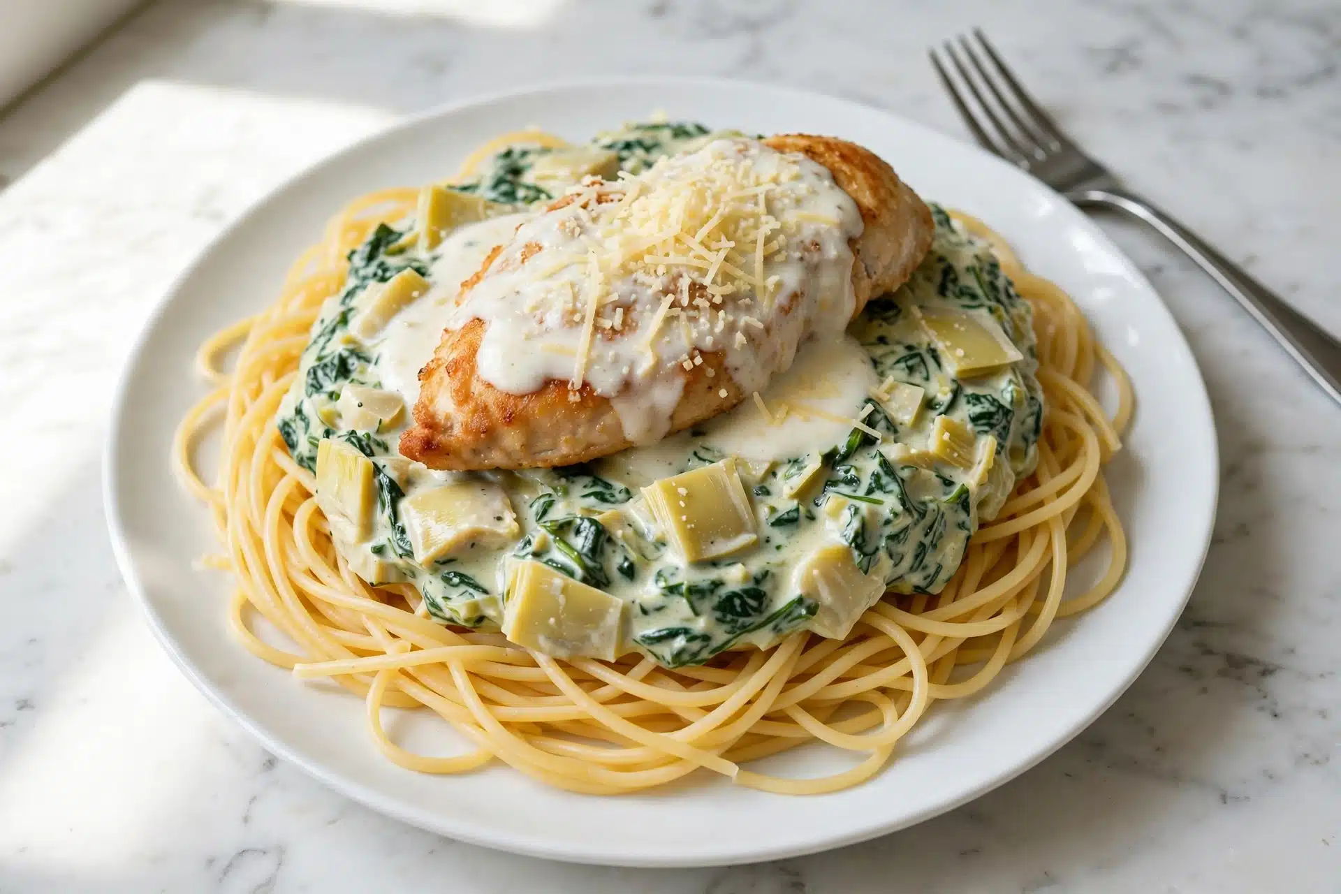 A white plate holds three layers of food. The bottom layer is light yellow spaghetti noodles arranged in a loose nest shape. On top of the noodles is a creamy mixture of green spinach and light yellow artichoke pieces, visible with a smooth texture. The top layer is a piece of cooked light golden brown chicken covered with a white creamy sauce and a sprinkling of grated cheese. A silver fork rests on the upper right side of the plate. The plate sits on a white marbled surface. Photo taken with an iphone --ar 4:5 --v 7