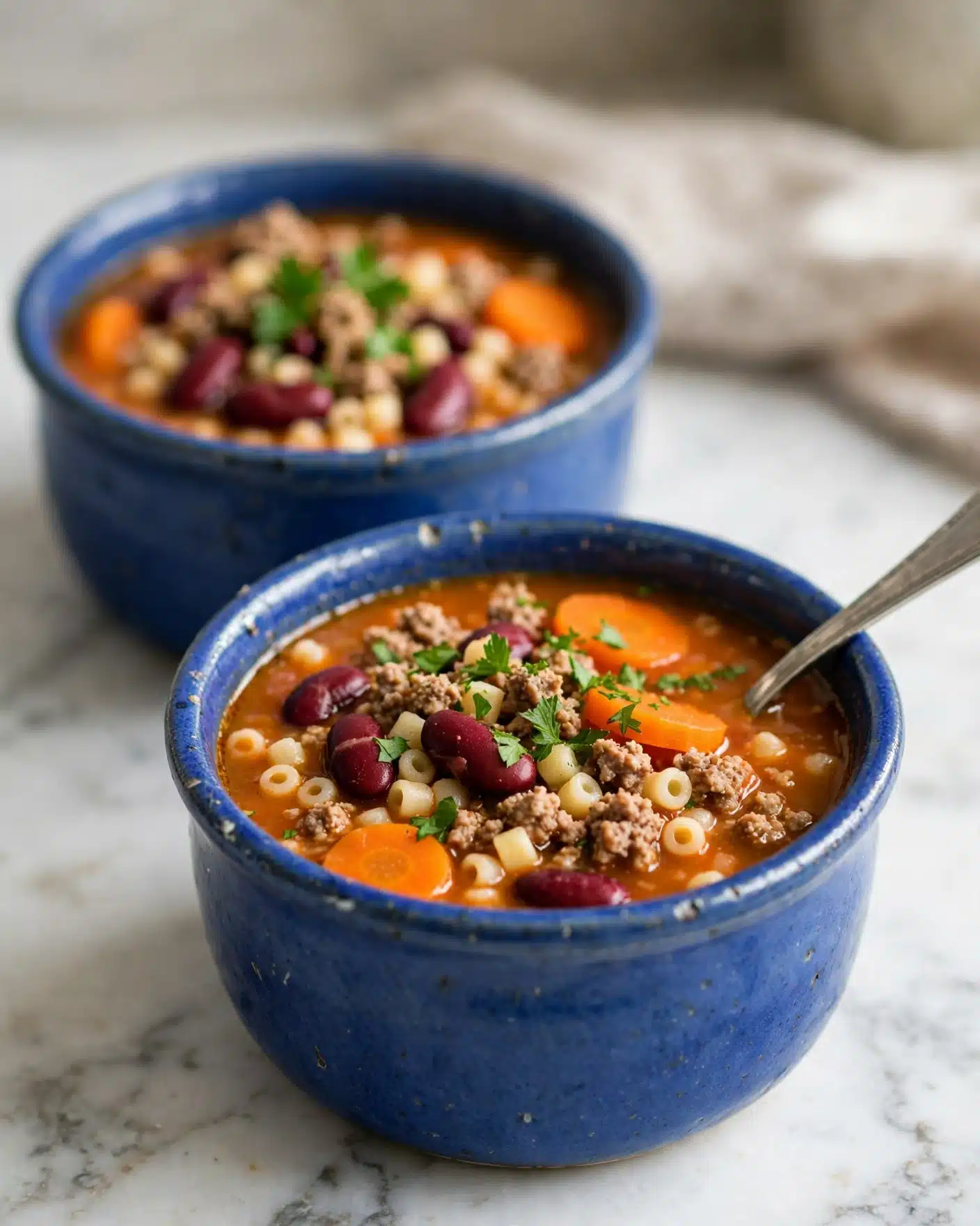 A blue ceramic small pot filled with thick soup showing three main layers: at the bottom, a rich orange broth, on top several chunks of dark red kidney beans, small beige round pasta, light brown minced meat, bright orange carrot slices, and green parsley sprinkled over, a silver spoon sticks out from the right side of the pot. Behind this pot, a second similar pot is blurry, also filled with the same soup, all placed on a white marbled textured surface. photo taken with an iphone --ar 4:5 --v 7