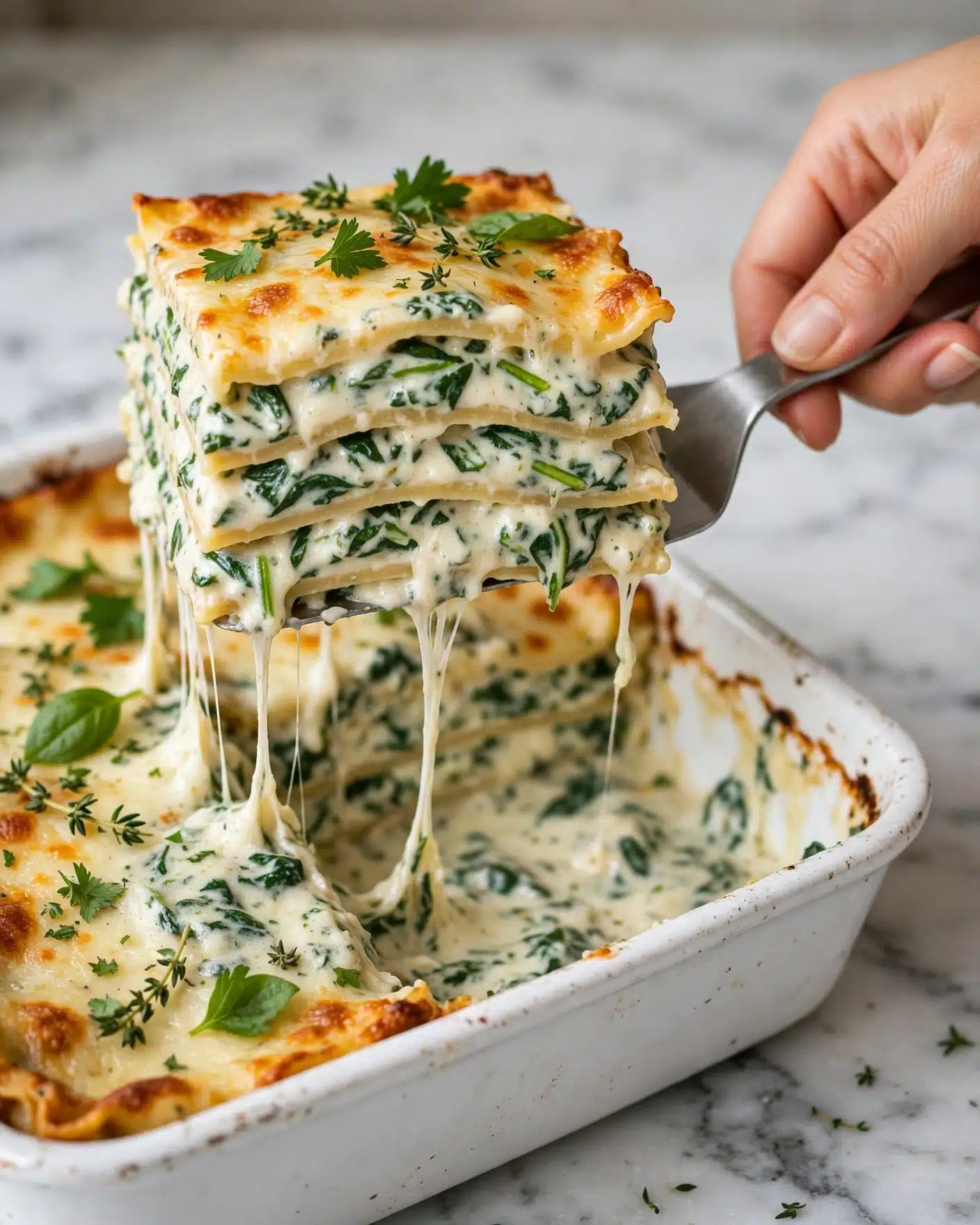A close-up shot shows a thick slice of lasagna being lifted with a spatula held by a woman's hand. The lasagna has four visible layers, each filled with a creamy white sauce mixed with bright green spinach leaves. The top layer is covered with melted golden-brown cheese that stretches slightly as the slice is lifted. The lasagna is served in a white dish, sitting on a white marbled surface. The overall look is creamy, cheesy, and fresh with green herbs on top. Photo taken with an iphone --ar 4:5 --v 7