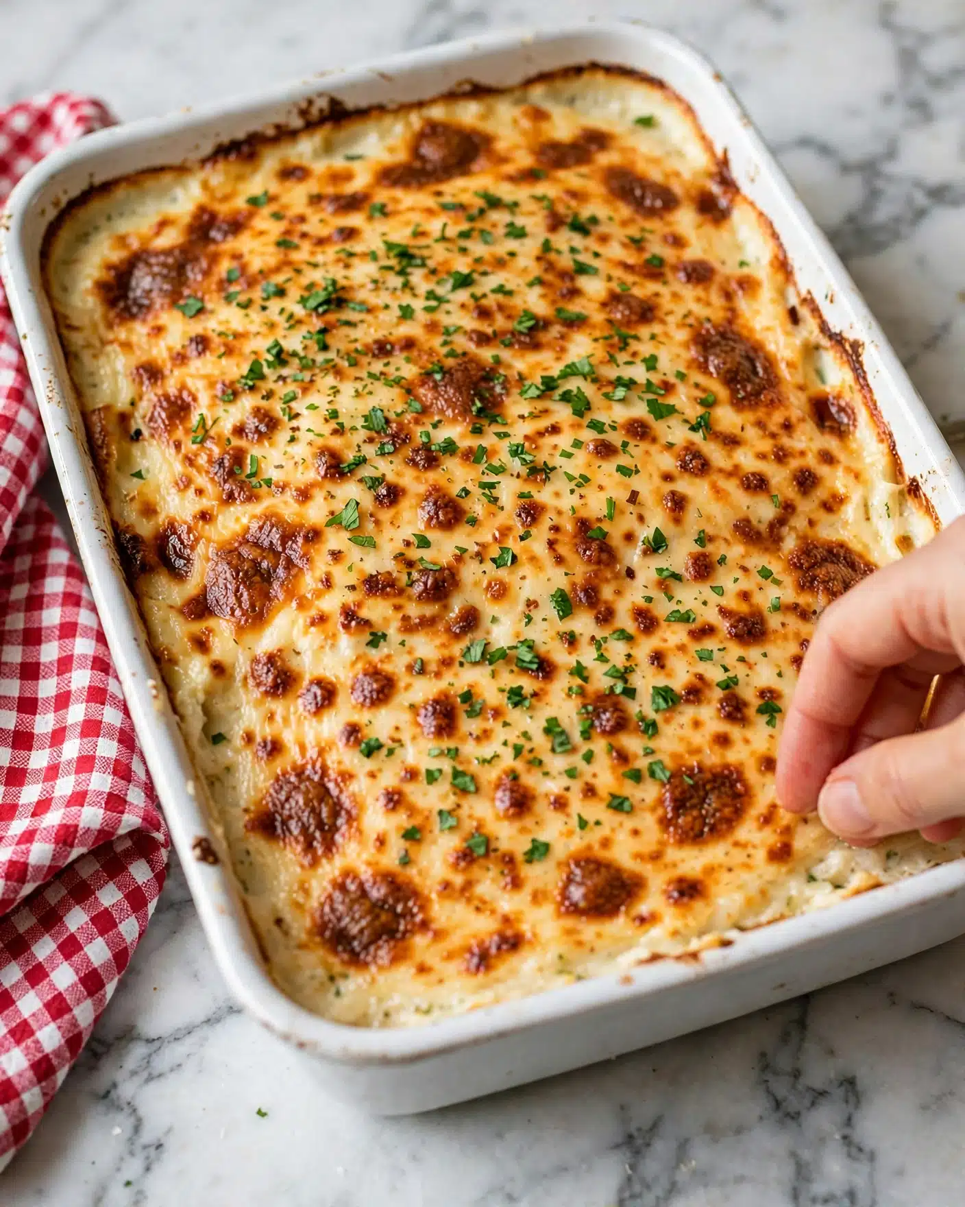The image shows a white baking dish filled with a creamy layered casserole. The top layer is golden brown with small spots of caramelized sauce and sprinkled with finely chopped green herbs. Inside, the creamy white filling looks smooth and rich, with visible bits of green herbs mixed evenly throughout. The layers under the top are thick and creamy, showing a soft, slightly textured surface that looks moist and cheesy. The dish is resting on a white marbled surface with a hint of a red and white cloth beside the dish. A woman's hand is near the edge of the dish as if about to serve a piece. photo taken with an iphone --ar 4:5 --v 7