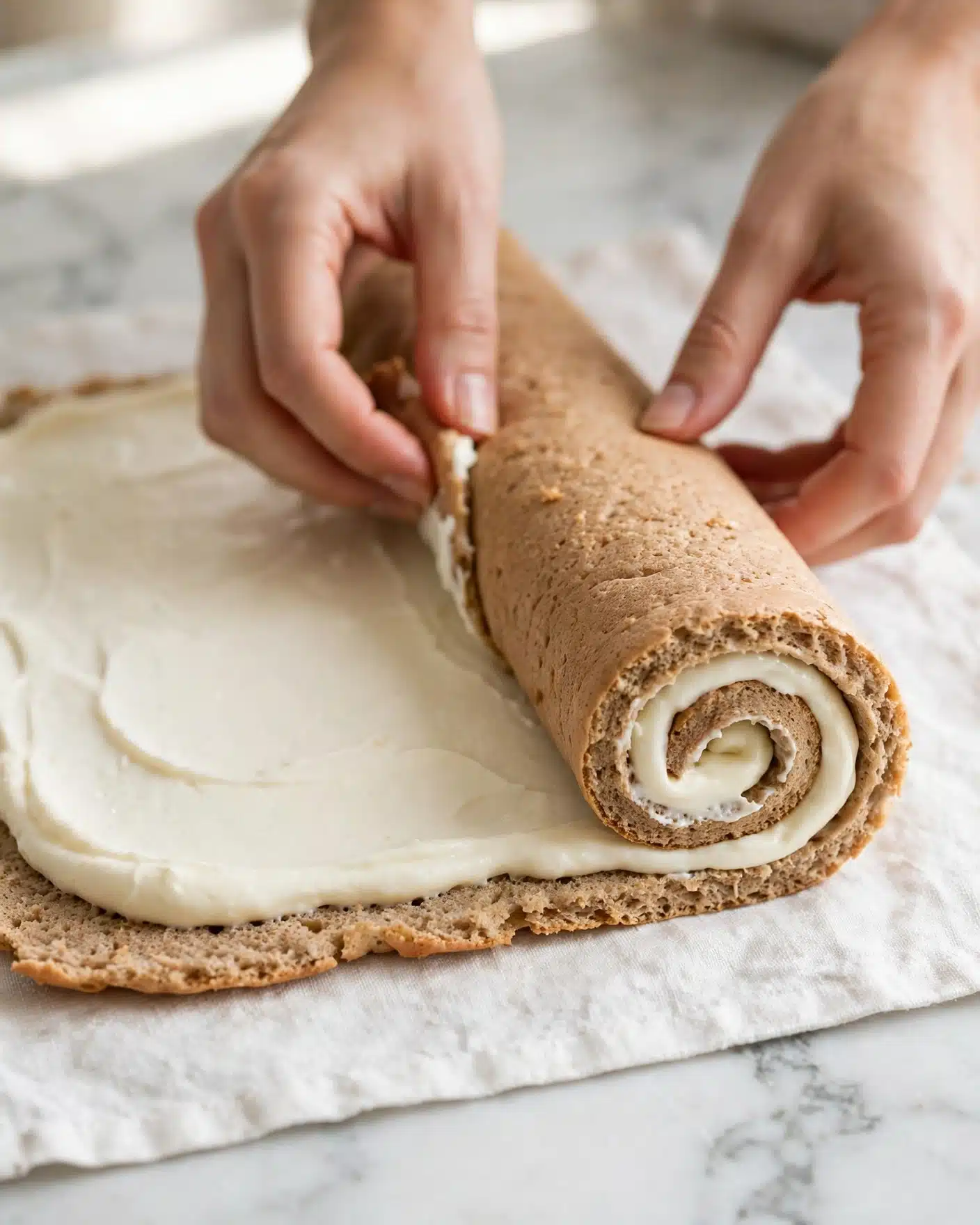 A rectangular light brown sponge cake with a slightly rough texture is being rolled up by a woman's hands. The cake is covered with a smooth, thick layer of white cream spread evenly across the surface. The cake sits on a white cloth on a white marbled background. The woman's hands gently roll the cake from one end to form a spiral shape, with the creamy layer becoming visible inside the roll. Photo taken with an iphone --ar 4:5 --v 7