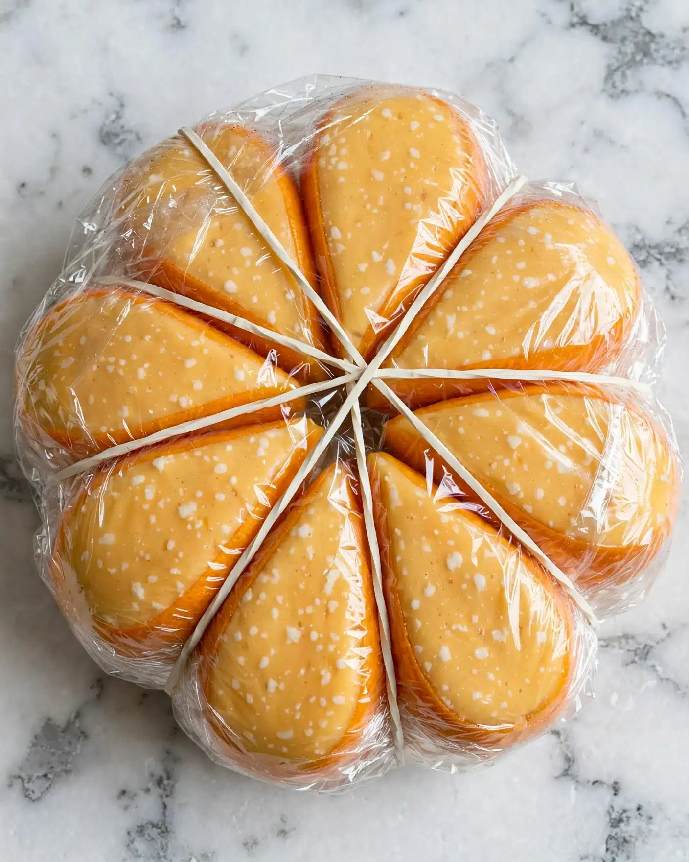A round bundle made of several orange-yellow segments wrapped tightly in clear plastic wrap, each segment shaped like a large teardrop or petal. The bundle is held together with white rubber bands crossing over the top creating a star pattern. The texture of the orange-yellow filling inside the wrap looks smooth with some white spots, and the whole bundle sits on a dark surface changed to white marbled texture. Photo taken with an iphone --ar 4:5 --v 7