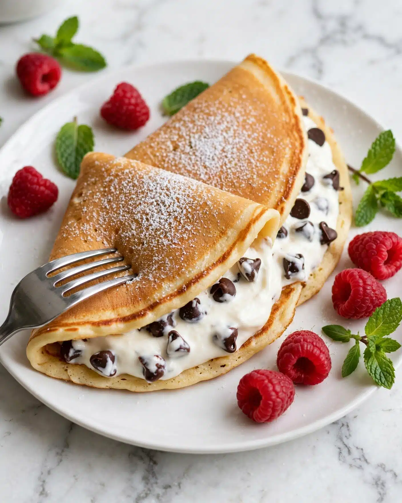 Two folded golden pancakes filled with white cream mixed with dark chocolate chips are placed on a white plate. The top pancake layer is soft and slightly browned, with a light dusting of powdered sugar. Cream and chocolate chips peek out from the side, making the filling look thick and smooth. Fresh red raspberries and bright green mint leaves are placed near the pancakes for decoration. A silver fork is gently pressing on one pancake, ready to take a bite. The plate is set on a white marbled surface. photo taken with an iphone --ar 4:5 --v 7