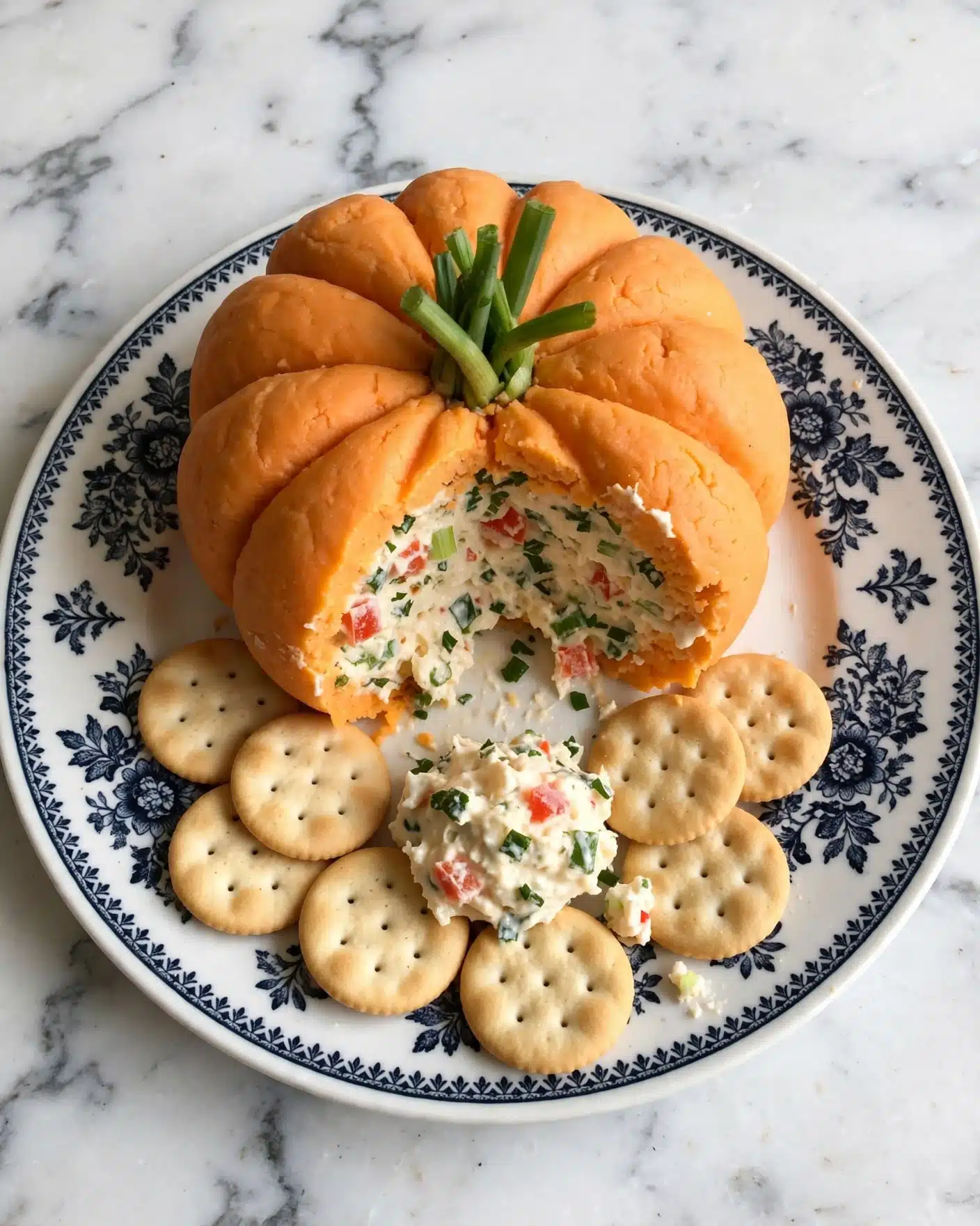 The image shows a soft, orange pumpkin-shaped cheese ball with a green stem on top, placed in the center of a white plate decorated with dark patterns. One segment of the cheese ball is missing, revealing a creamy interior filled with small pieces of red and green ingredients. In front of the pumpkin cheese ball, several round, light tan crackers surround a small scoop of the cheese mixture. The scene is set on a white marbled surface. photo taken with an iphone --ar 4:5 --v 7