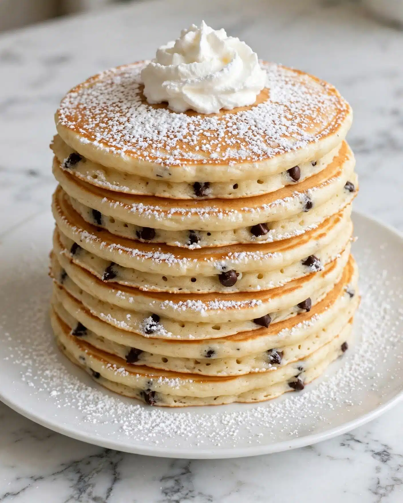 A tall stack of seven light golden pancakes with small dark chocolate chips spread throughout each layer is placed on a white plate. The pancakes have a soft and fluffy texture with slightly crisp edges. On top, a swirl of white whipped cream sits in the middle, and the entire stack is sprinkled with white powdered sugar, creating a light dusting effect. The white plate rests on a white marbled surface. photo taken with an iphone --ar 4:5 --v 7